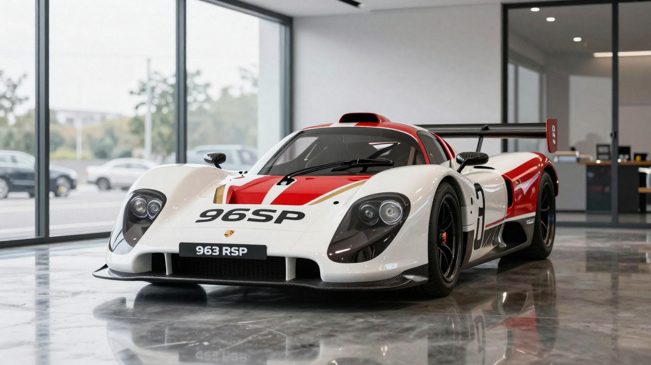 Carro esportivo branco com detalhes vermelhos e pretos em exposição dentro de showroom moderno.