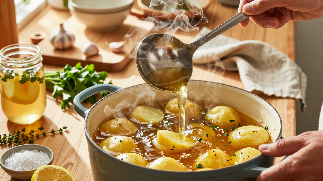 Mãos servindo caldo quente com batatas cozidas em panela, com ervas, limão e sal na mesa de madeira.
