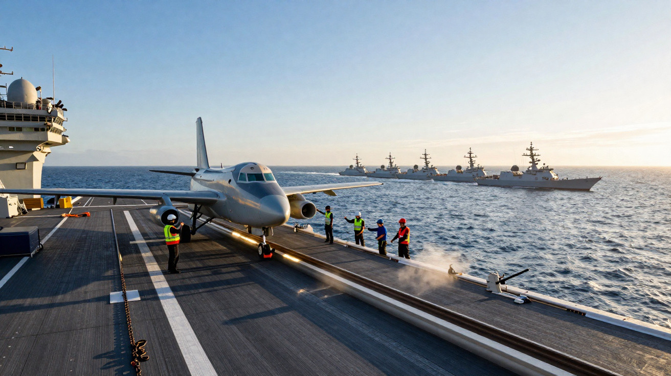 Avião militar em porta-aviões com cinco tripulantes e quatro navios de guerra ao fundo no mar ao entardecer.