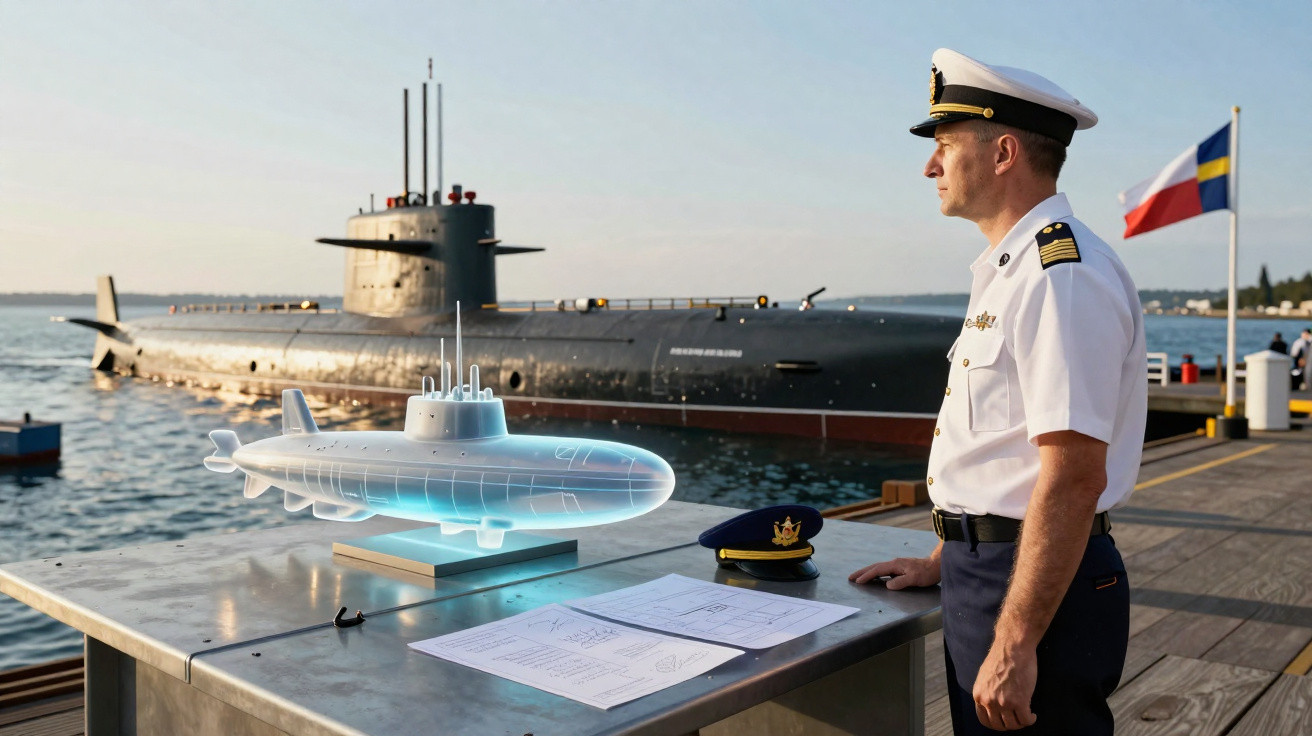 Oficial naval observa holograma de submarino em mesa com documentos, ao lado de submarino atracado no porto.