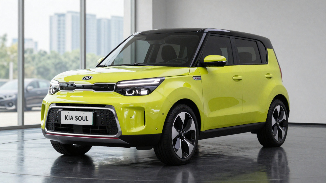 Carro Kia Soul amarelo com teto preto, estacionado em ambiente interno moderno e iluminado.