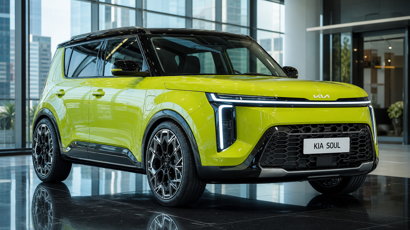 Carro Kia Soul verde com teto preto exibido em showroom moderno com vidros amplos.