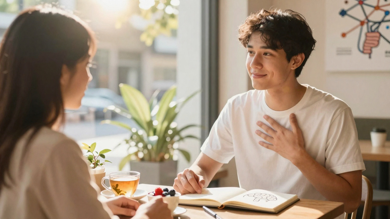 Jovens conversando em cafeteria, com caderno aberto e xícaras de chá na mesa iluminada pela luz natural.