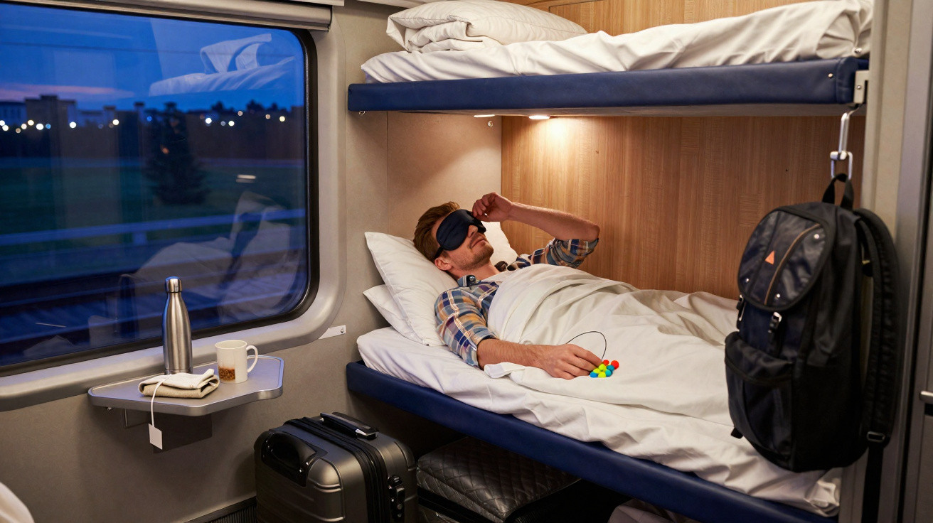 Homem deitado em cama de cabine de trem, usando máscara de dormir e segurando brinquedo de fidget spinner.