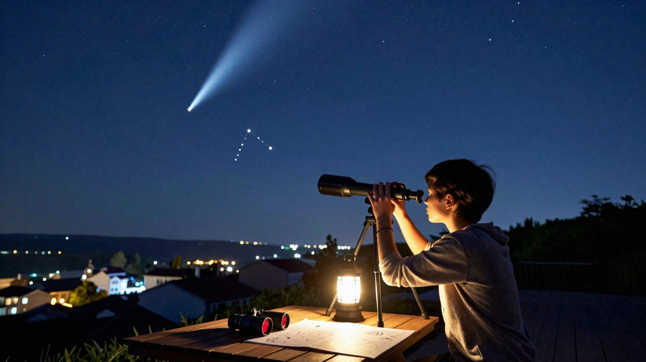Criança olhando com telescópio para cometa brilhante no céu noturno estrelado sobre cidade iluminada.