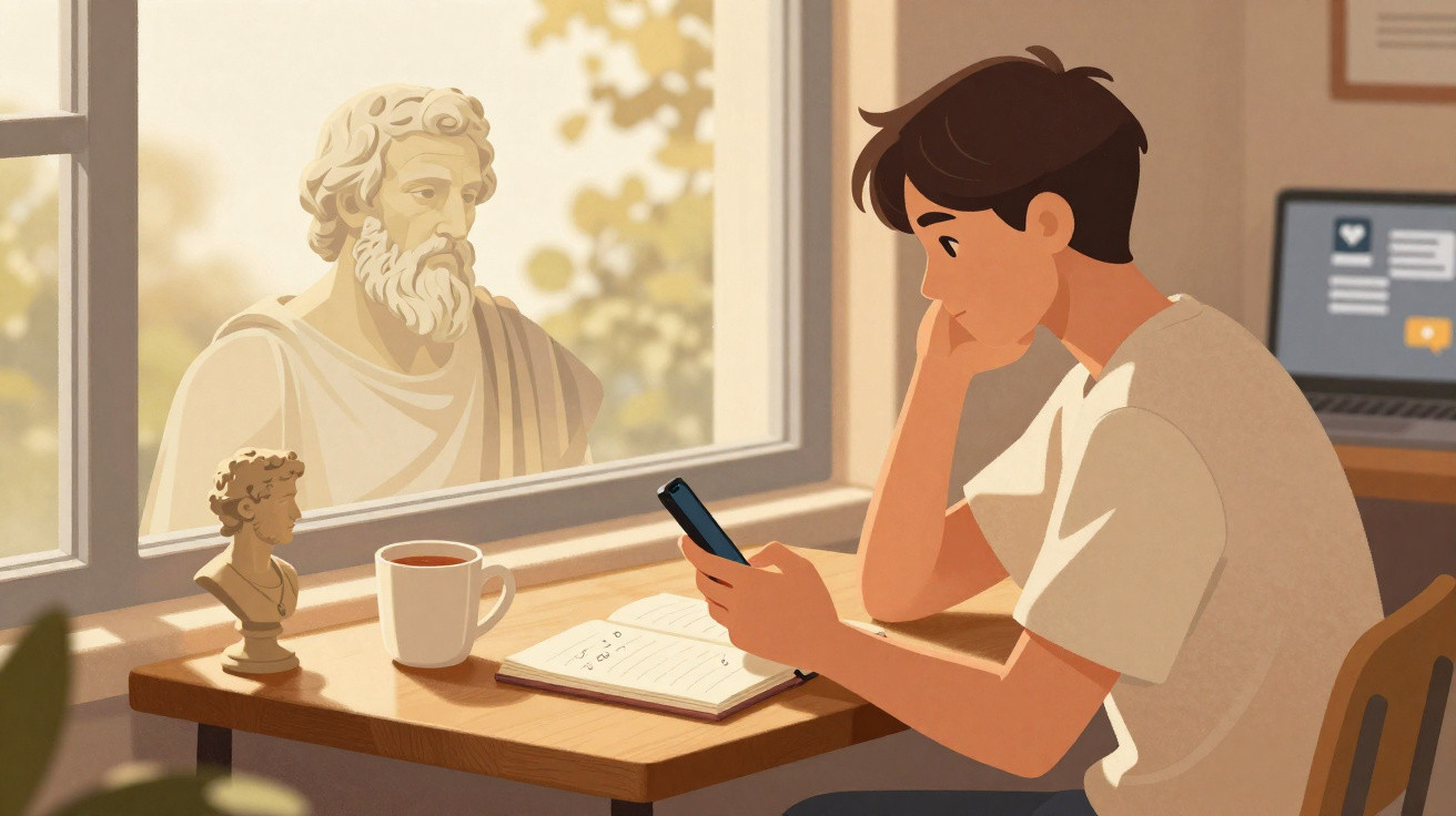 Jovem sentado à mesa olhando celular com caderno aberto, bustos e estátua de filósofo ao fundo na janela.