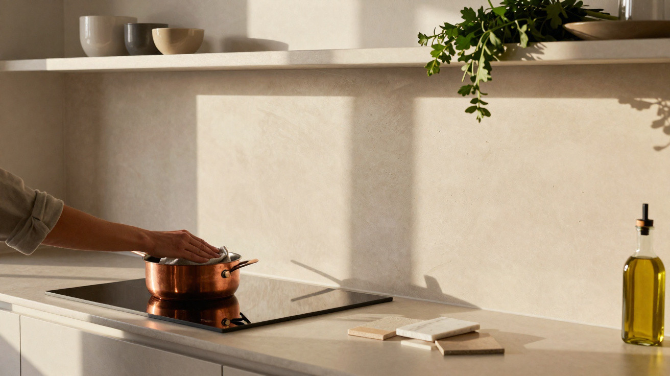 Pessoa tampando panela de cobre em cooktop embutido em cozinha clara com detalhes em plantas e óleo.