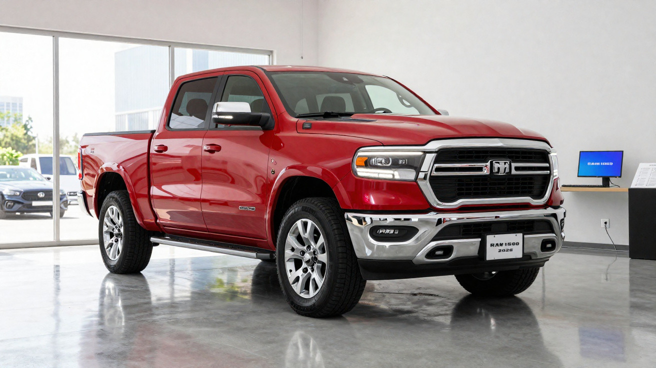Picape vermelha Ram 1500 modelo 2020 exibida em showroom com piso refletivo e iluminação natural.