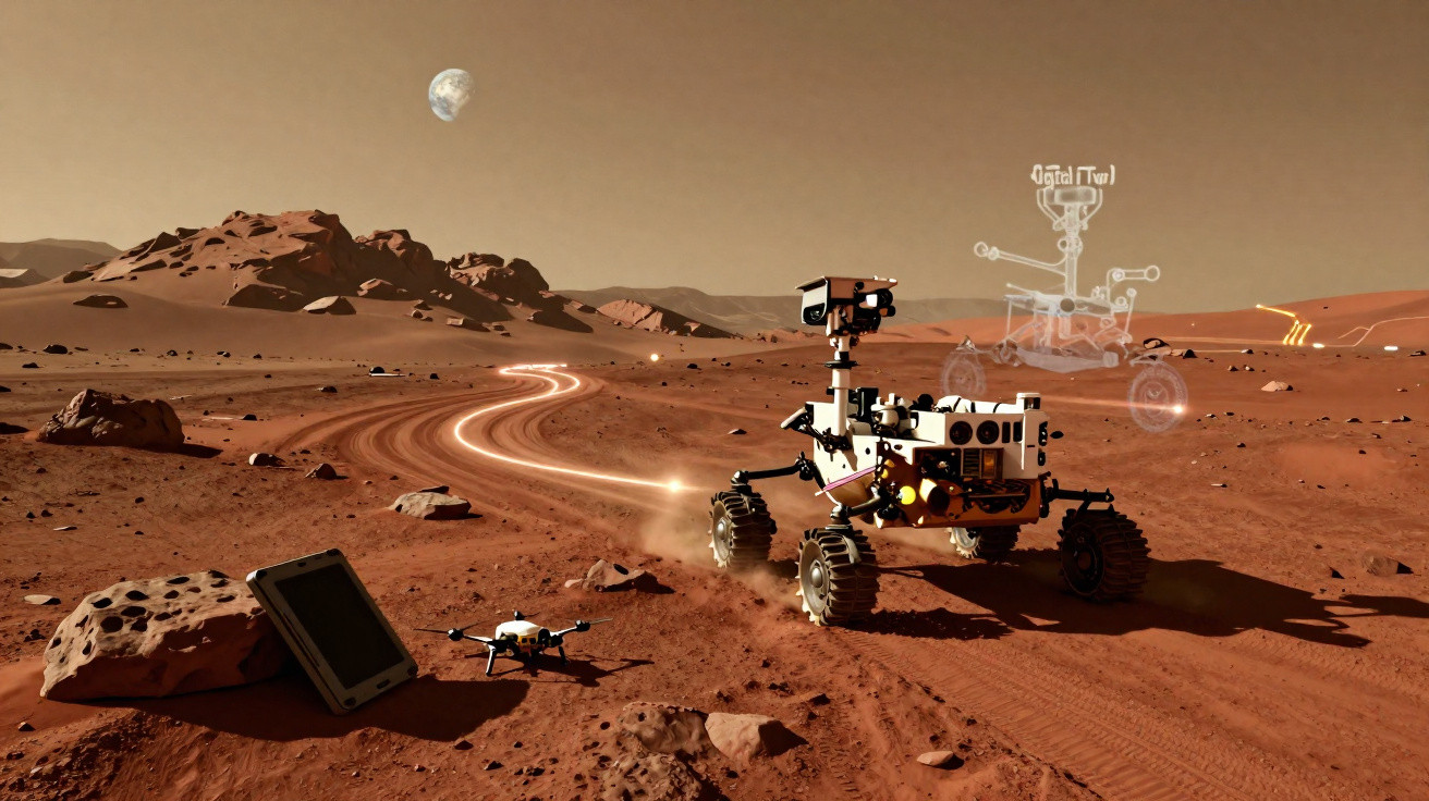 Rover explorando a superfície de Marte com drone e tablet no solo, planeta Terra visível no céu.