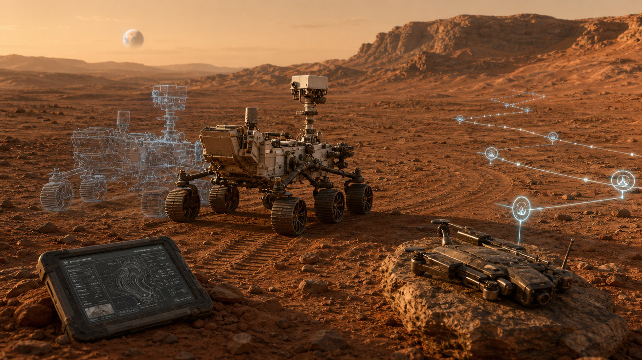 Rover explorando superfície marciana com drone, tablet e caminhos digitais em ambiente desértico.