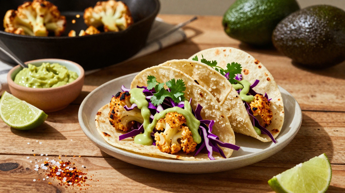 Três tacos com couve-flor assada, repolho roxo, molho verde e coentro em prato branco.