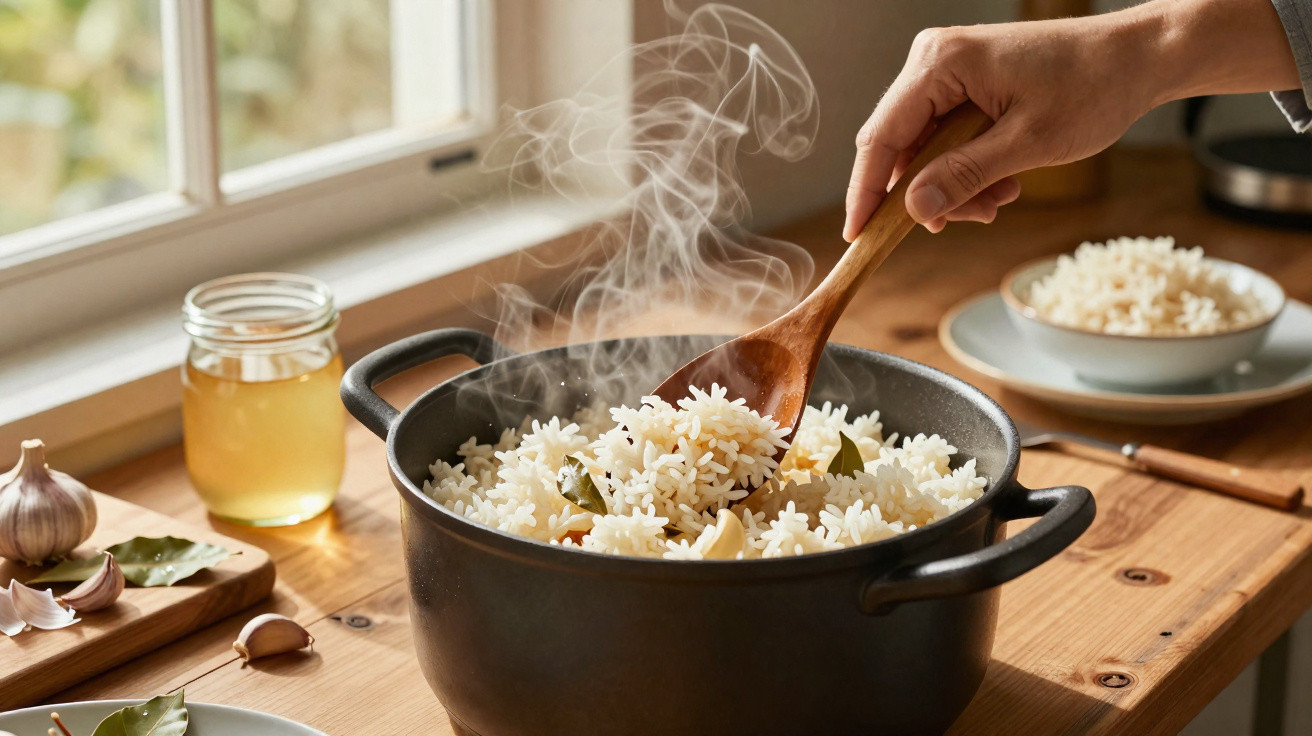 Mão mexendo arroz branco quente em panela preta com folhas de louro em cozinha iluminada na luz natural.