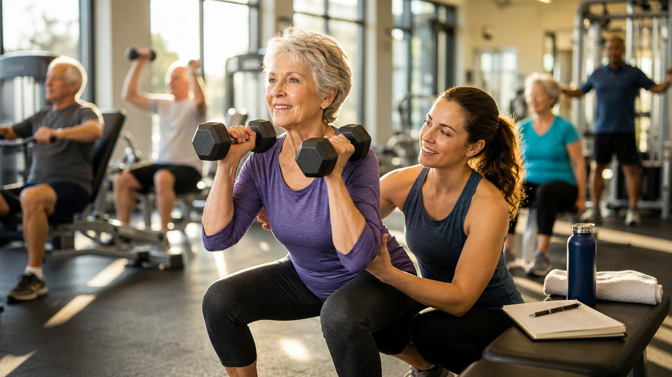 Mulher idosa fazendo agachamento com halteres acompanhada por personal trainer em academia iluminada.