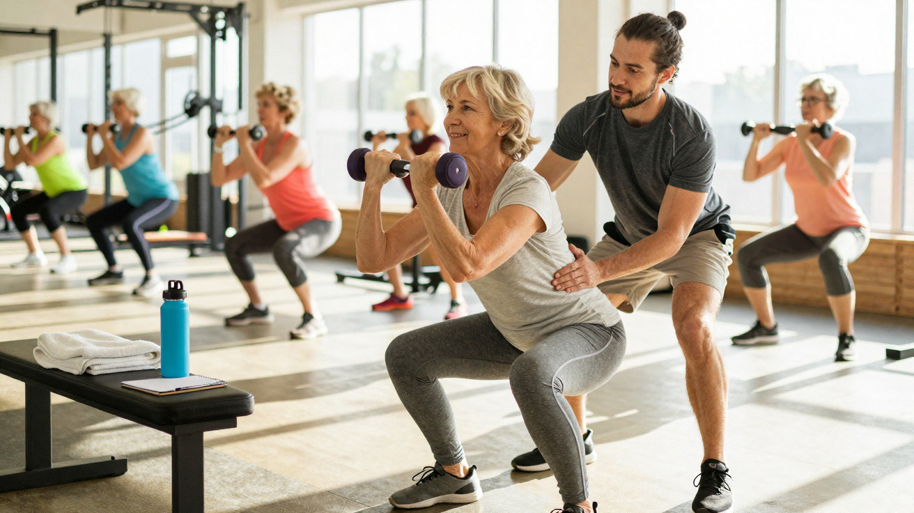 Mulheres praticando exercícios com pesos em estúdio, acompanhadas por instrutor que corrige postura.