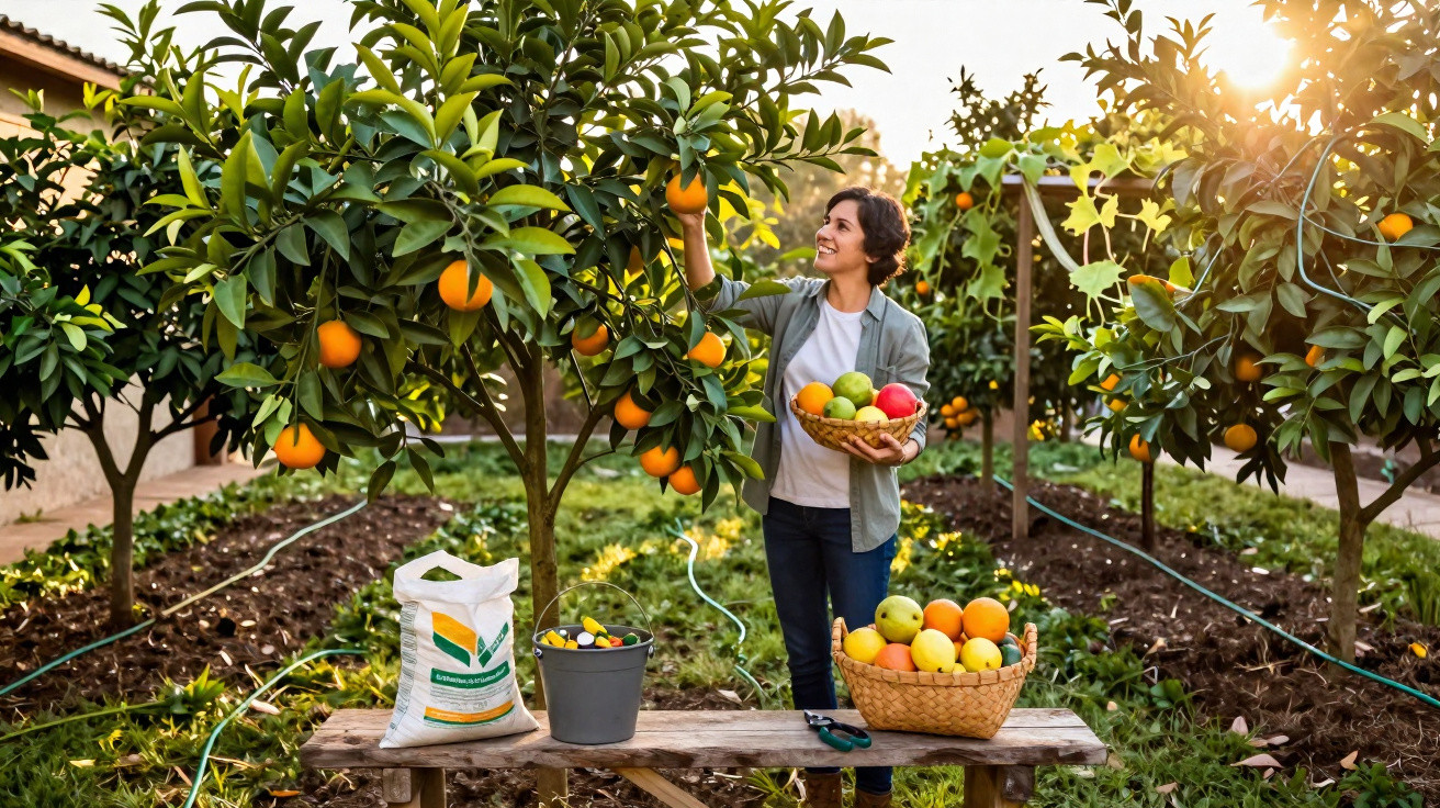 Mulher colhendo laranjas em pomar, segurando cesta com frutas variadas sob luz do sol.