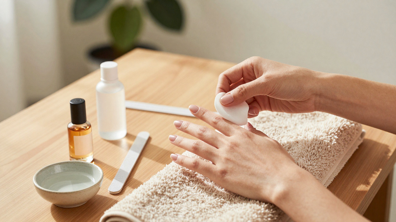Mãos femininas limpando unhas com algodão sobre toalha, com esmalte, removedor e lixas sobre a mesa.