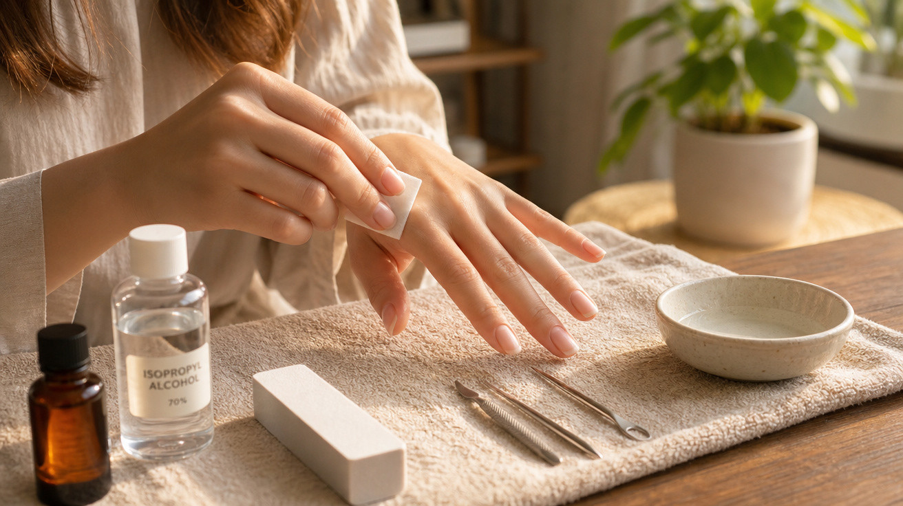 Pessoa limpando as unhas com algodão e álcool isopropílico, com acessórios de manicure sobre toalha.