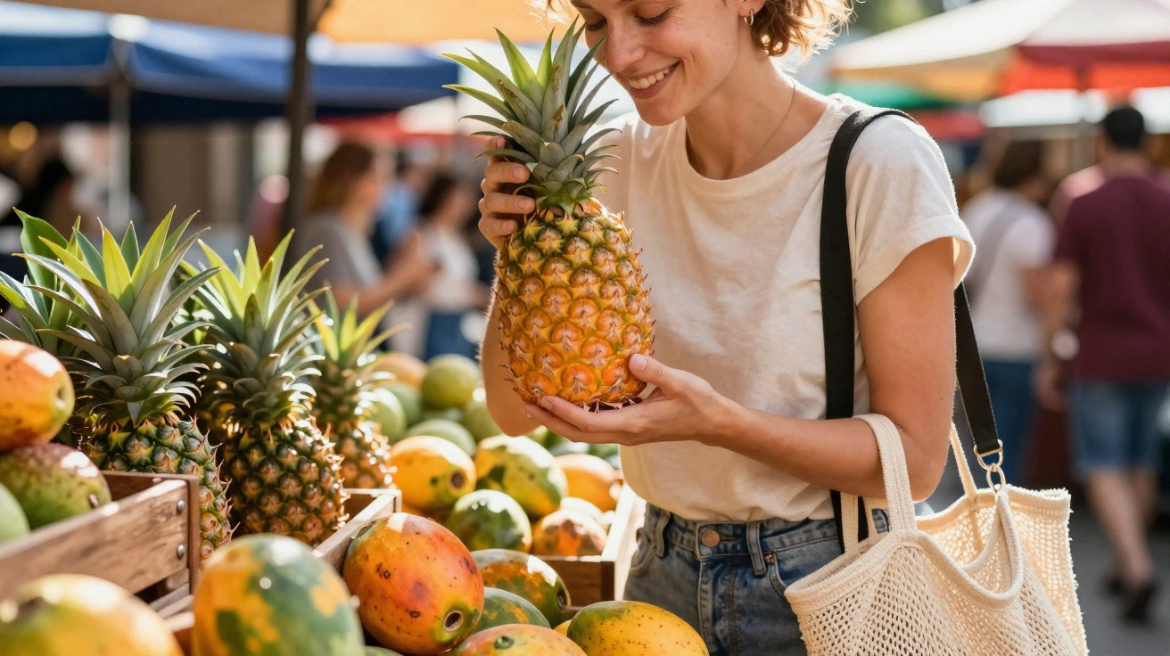 Mulher sorrindo segurando abacaxi em feira ao ar livre com frutas variadas ao redor.