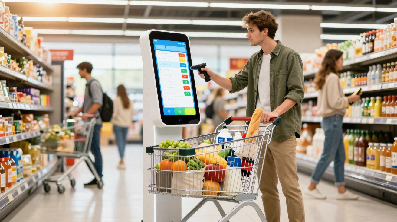 Homem usando leitor de código de barras no caixa automático em supermercado moderno com carrinho de compras cheio.