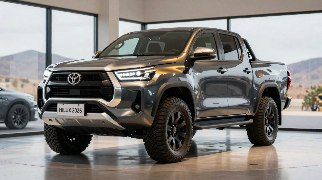 Picape Toyota Hilux 2026 cinza metálico em showroom com pneus robustos e faróis LED acesos.