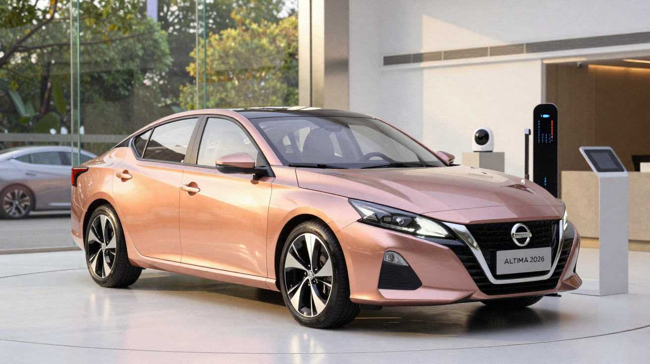 Carro sedan Nissan Altima 2026 cor rosa em exposição interna com parede de vidro ao fundo.