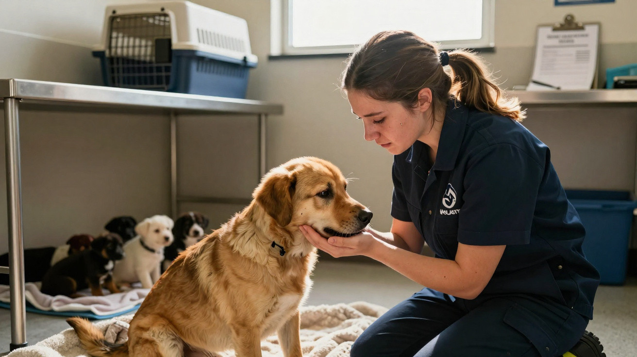 Mulher acaricia cachorro dourado enquanto filhotes aguardam ao fundo em clínica veterinária.
