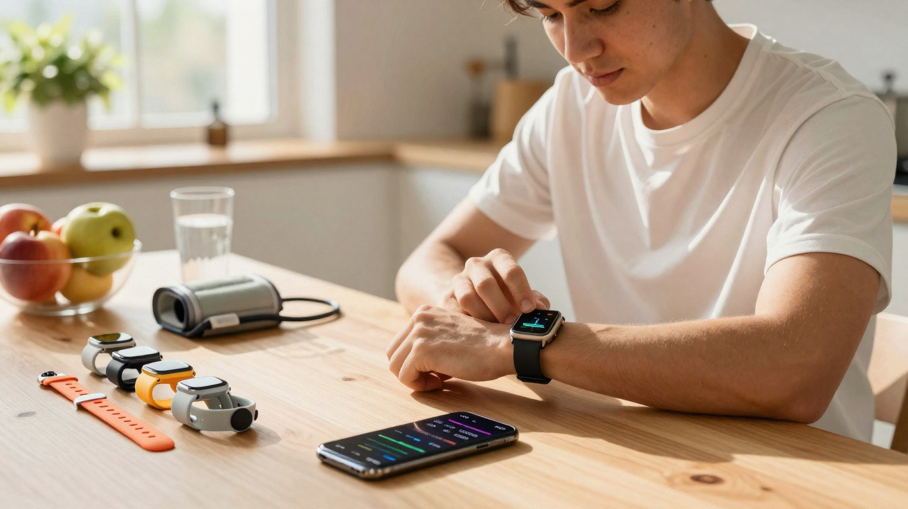 Homem ajusta smartwatch enquanto apps de saúde aparecem em smartphone sobre mesa com outros relógios inteligentes.
