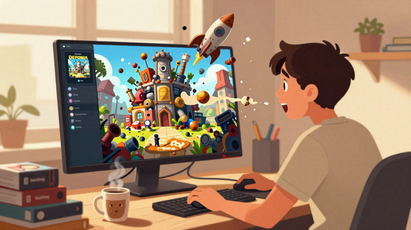 Garoto jogando jogo colorido no computador com foguete e objetos saindo da tela em ambiente decorado.