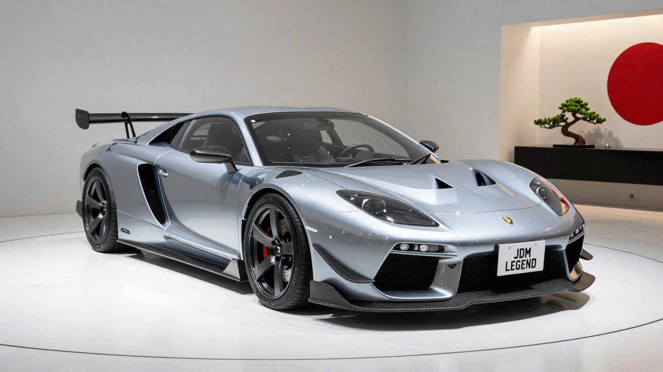 Carro esportivo cinza metálico com aerofólio preto em exposição, placa com inscrição JDM LEGEND.