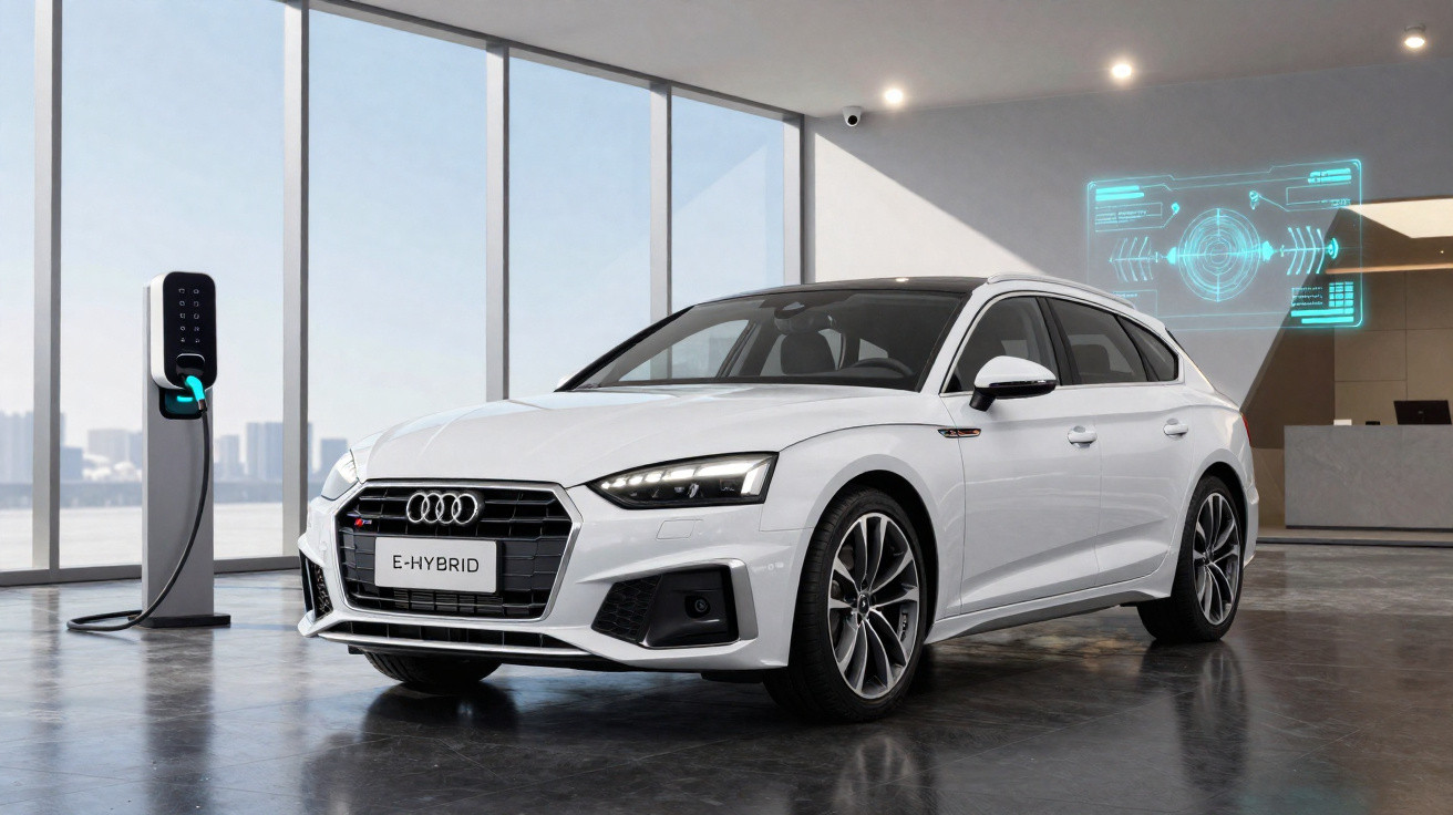 Carro Audi branco híbrido conectado a carregador elétrico em ambiente interno moderno e iluminado.