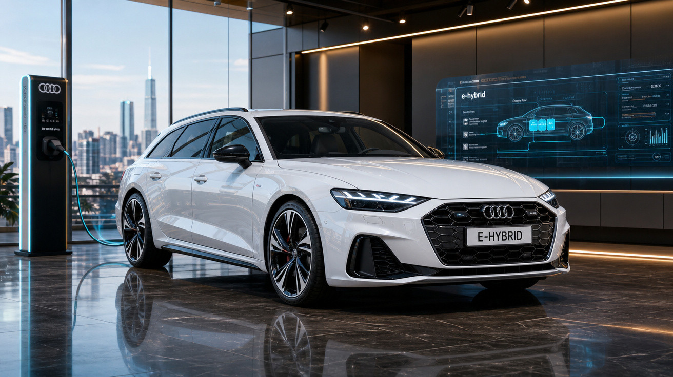 Carro Audi branco e-hybrid estacionado em showroom moderno, conectado a estação de carregamento elétrica.
