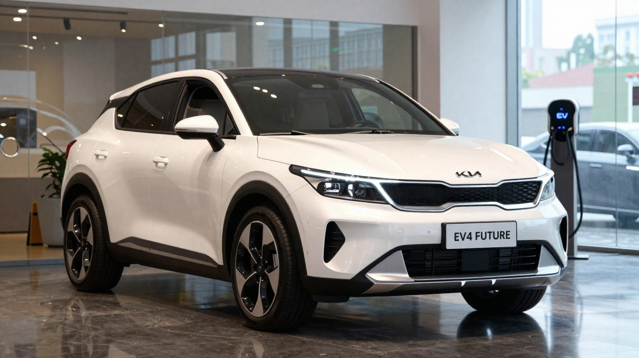 Carro elétrico branco Kia EV4 FUTURE exposto em showroom com estação de recarga ao fundo.