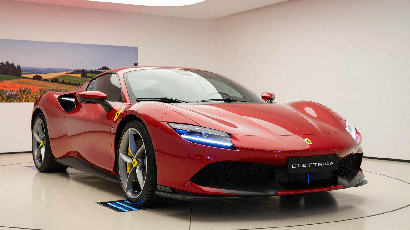 Carro esportivo vermelho Ferrari Elettrica em exposição interna com iluminação branca e fundo neutro.