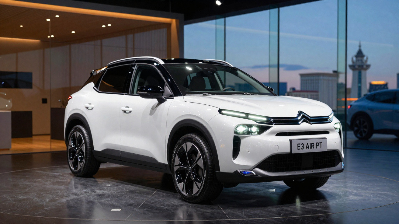 Carro SUV branco Citroën E3 Air PT exposto em ambiente interno com grande parede de vidro.