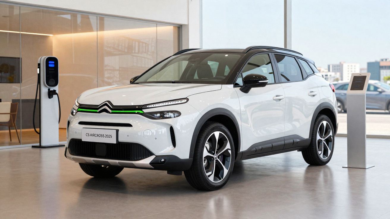 Carro elétrico Citroën C5 Aircross 2025 branco em showroom com estação de recarga ao lado.