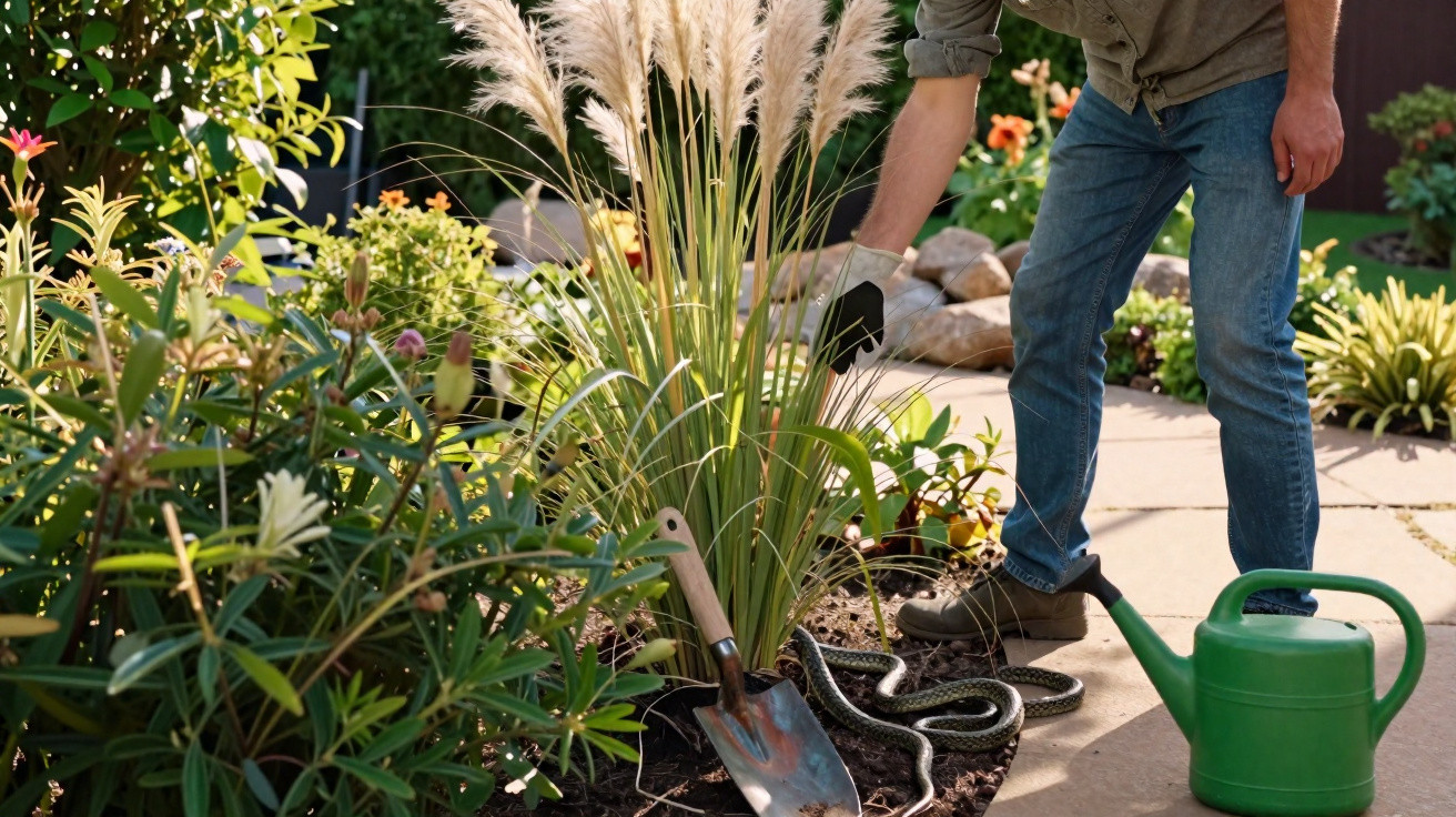 Pessoa usando luva toca cobra preta em jardim cercado por plantas e ferramentas de jardinagem.