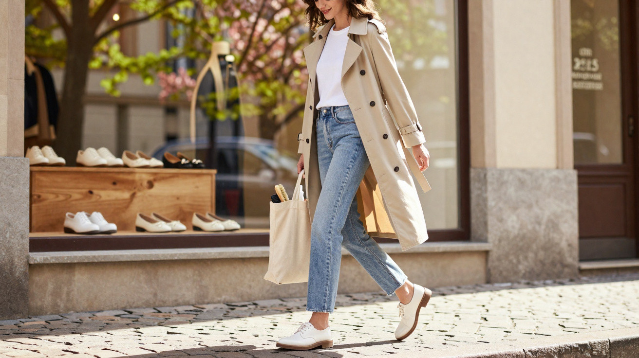 Mulher caminhando na calçada com trench coat bege, camiseta branca, jeans e sapatos brancos, carregando sacola.