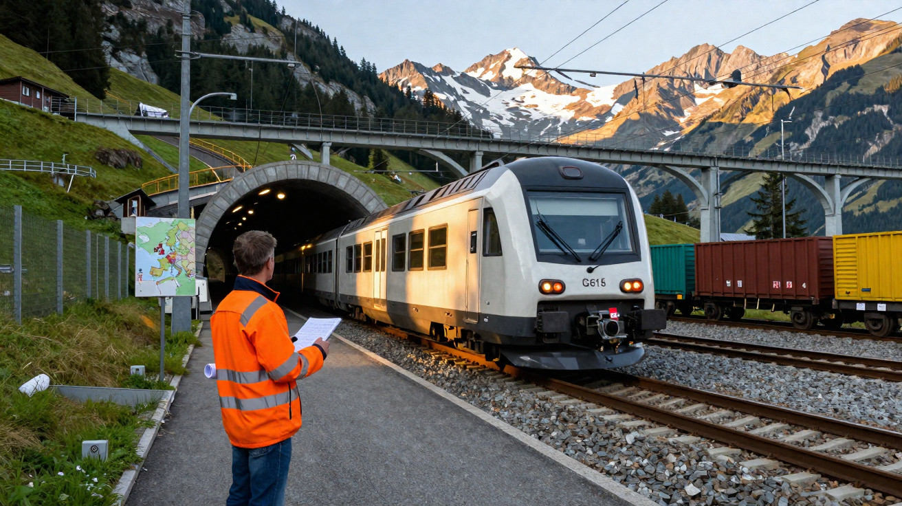 Homem com jaqueta laranja observa trem saindo de túnel em ferrovia na montanha com neve ao fundo.