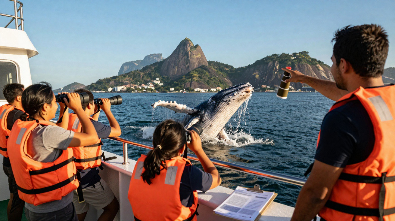 Pessoas em barco observam com binóculos uma baleia pulando próximo ao Pão de Açúcar, Rio de Janeiro.