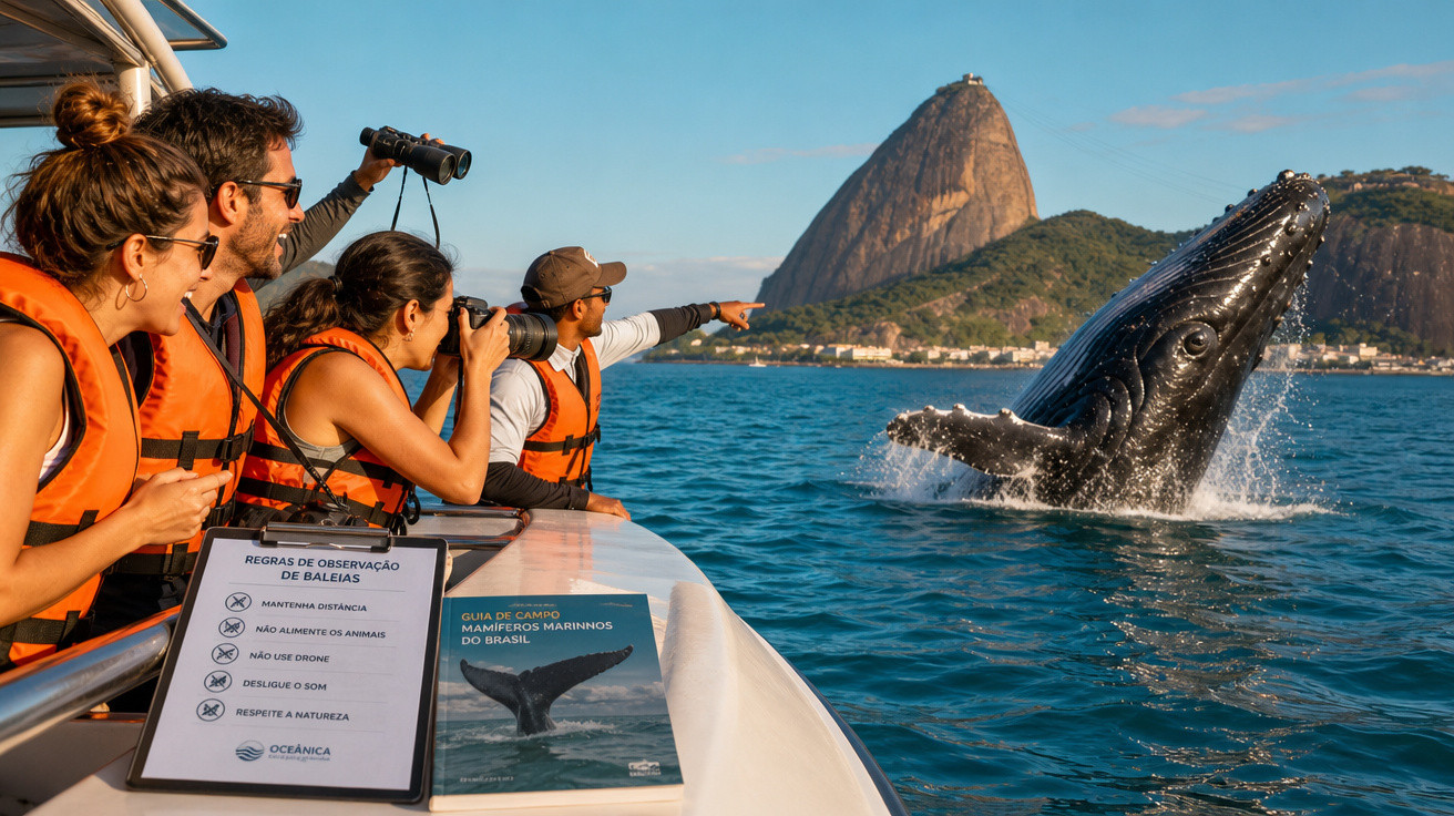 Grupo de pessoas em barco observando baleia saltando no mar com o Pão de Açúcar ao fundo no Rio de Janeiro.