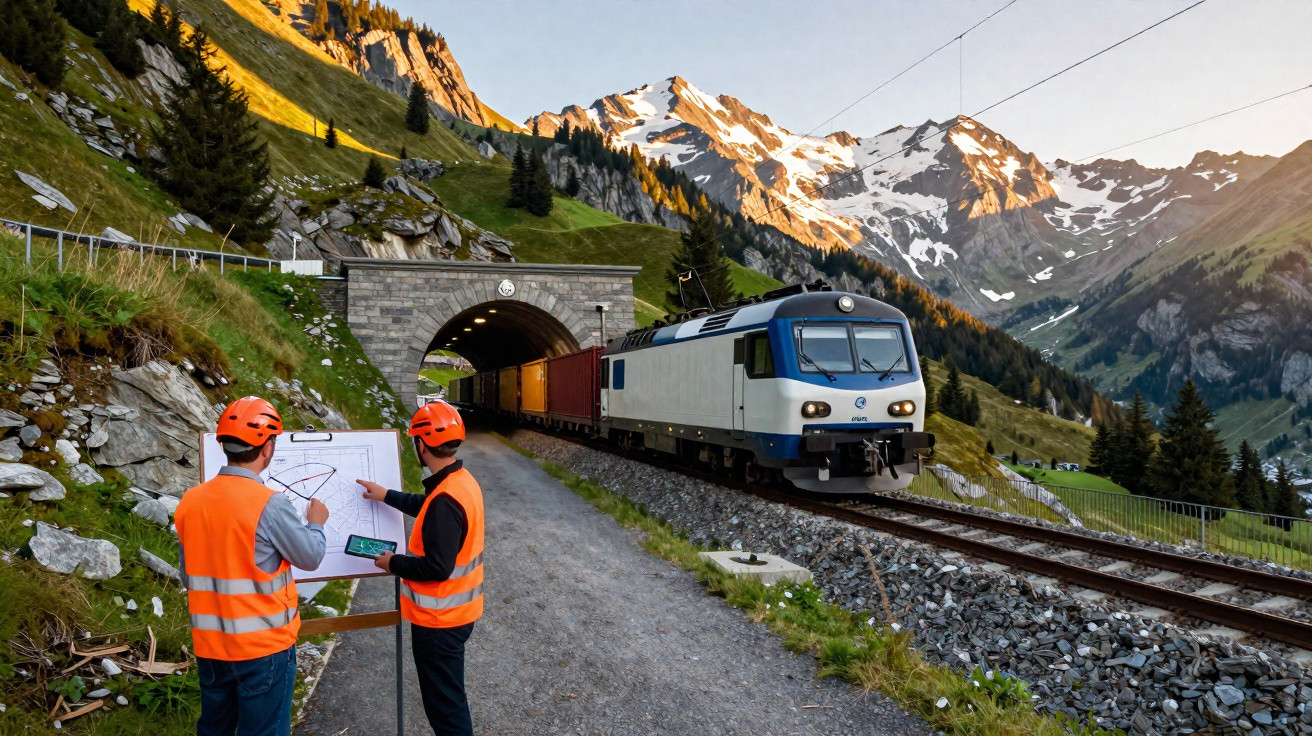 Dois engenheiros em coletes laranja avaliam planta ao lado de trem saindo de túnel em área montanhosa.