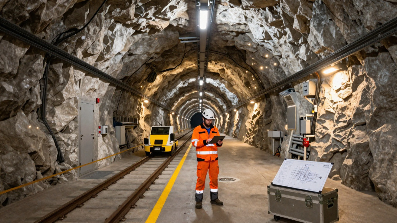 Homem com roupa laranja e capacete branco verifica prancheta dentro de túnel subterrâneo com trilhos e iluminação.