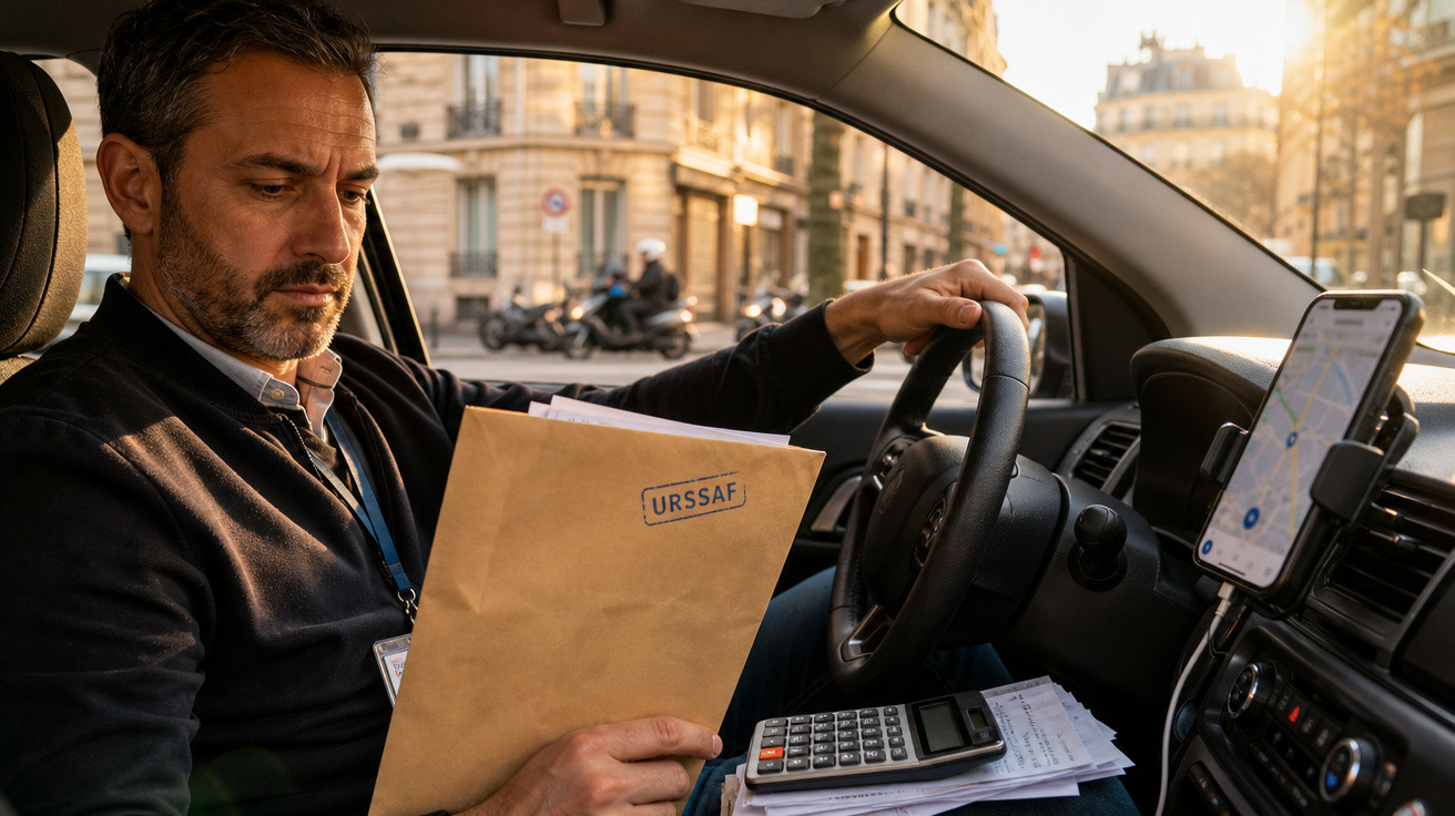 Homem no carro segurando envelope marcado com "URSSAF" e checando documentos com calculadora e celular.