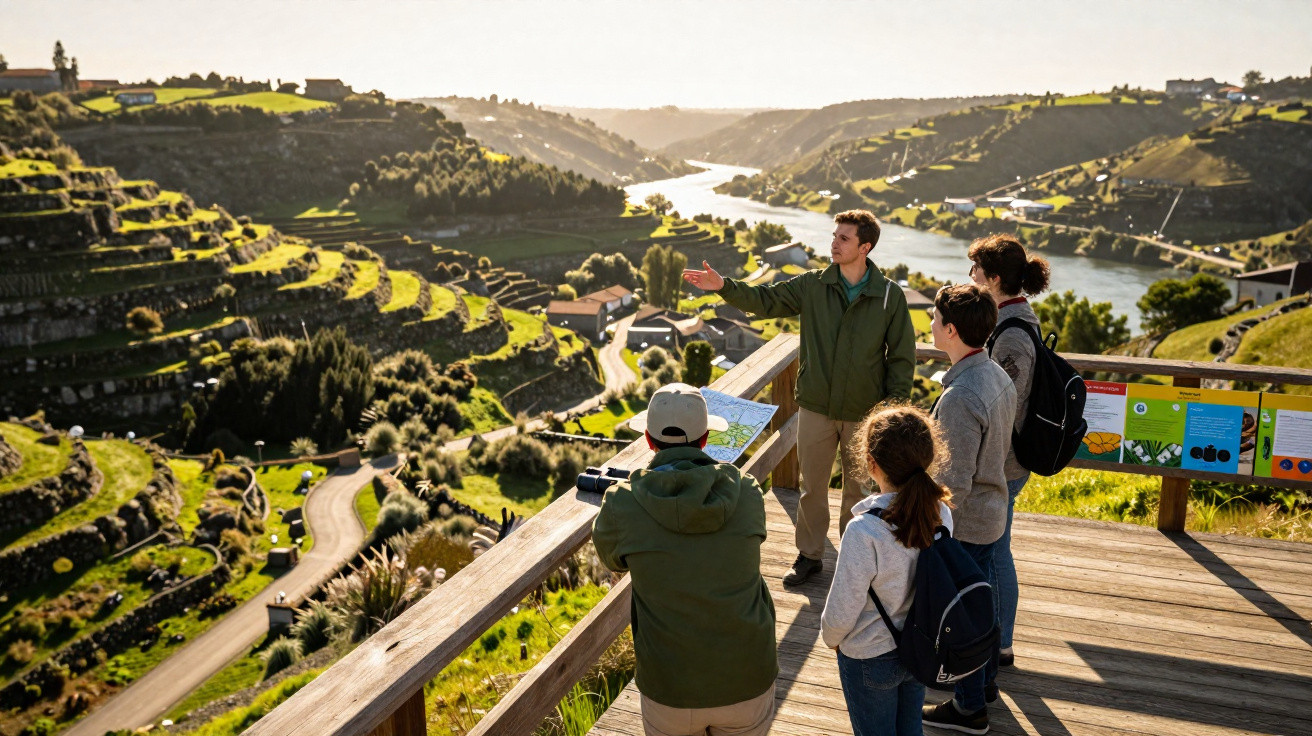 Grupo de pessoas observando e fotografando terraços agrícolas em área rural com rio ao fundo.