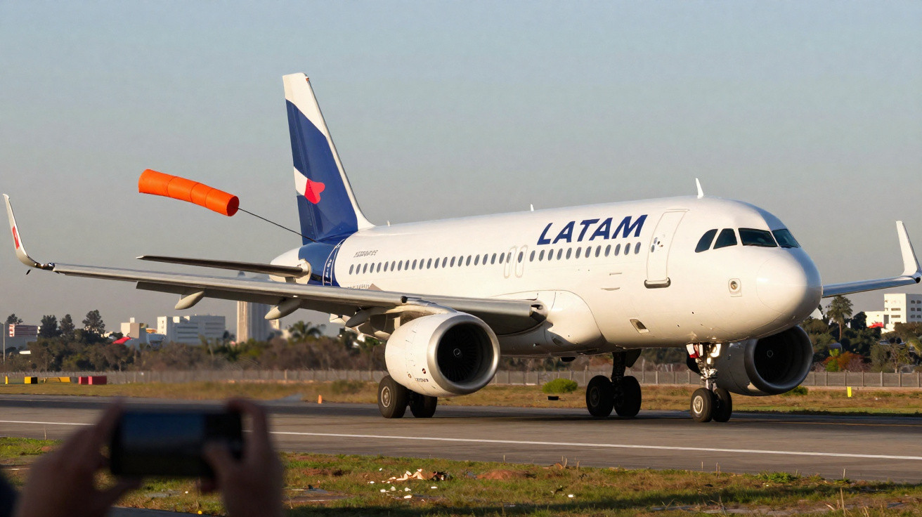 Avião da LATAM taxiando na pista de aeroporto em dia claro com vento soprando catavento.