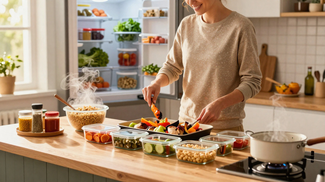 Pessoa preparando legumes em pedaços em uma cozinha com alimentos frescos e panela no fogão.