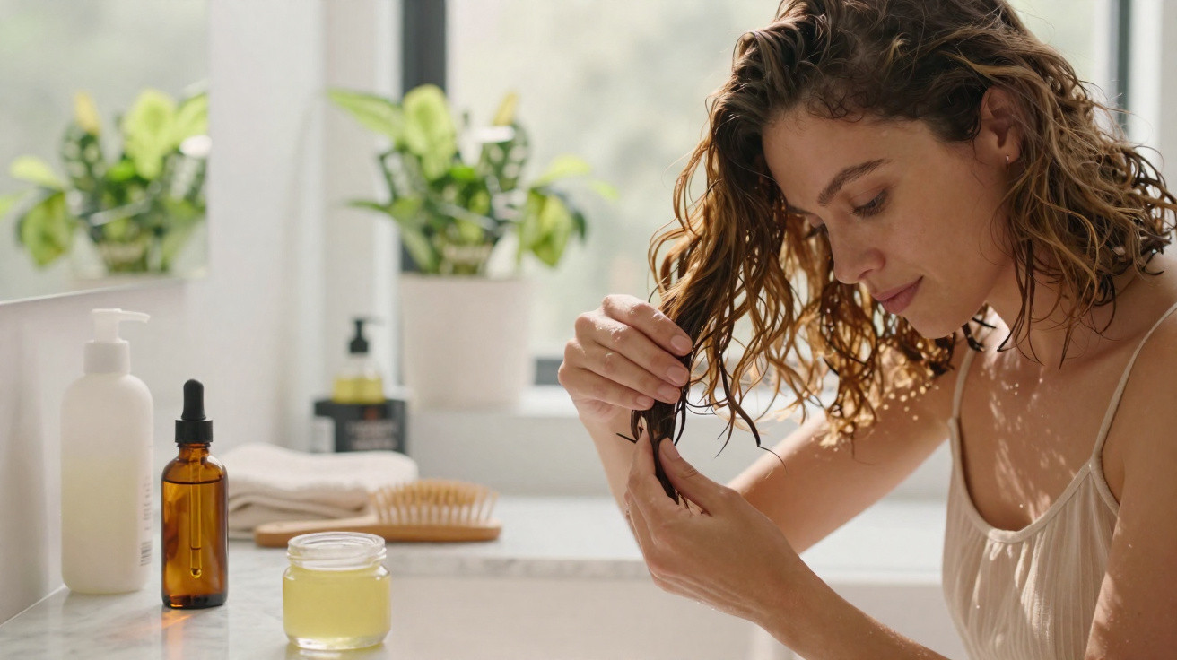 Mulher aplica óleo ou creme no cabelo molhado em banheiro iluminado com plantas ao fundo.