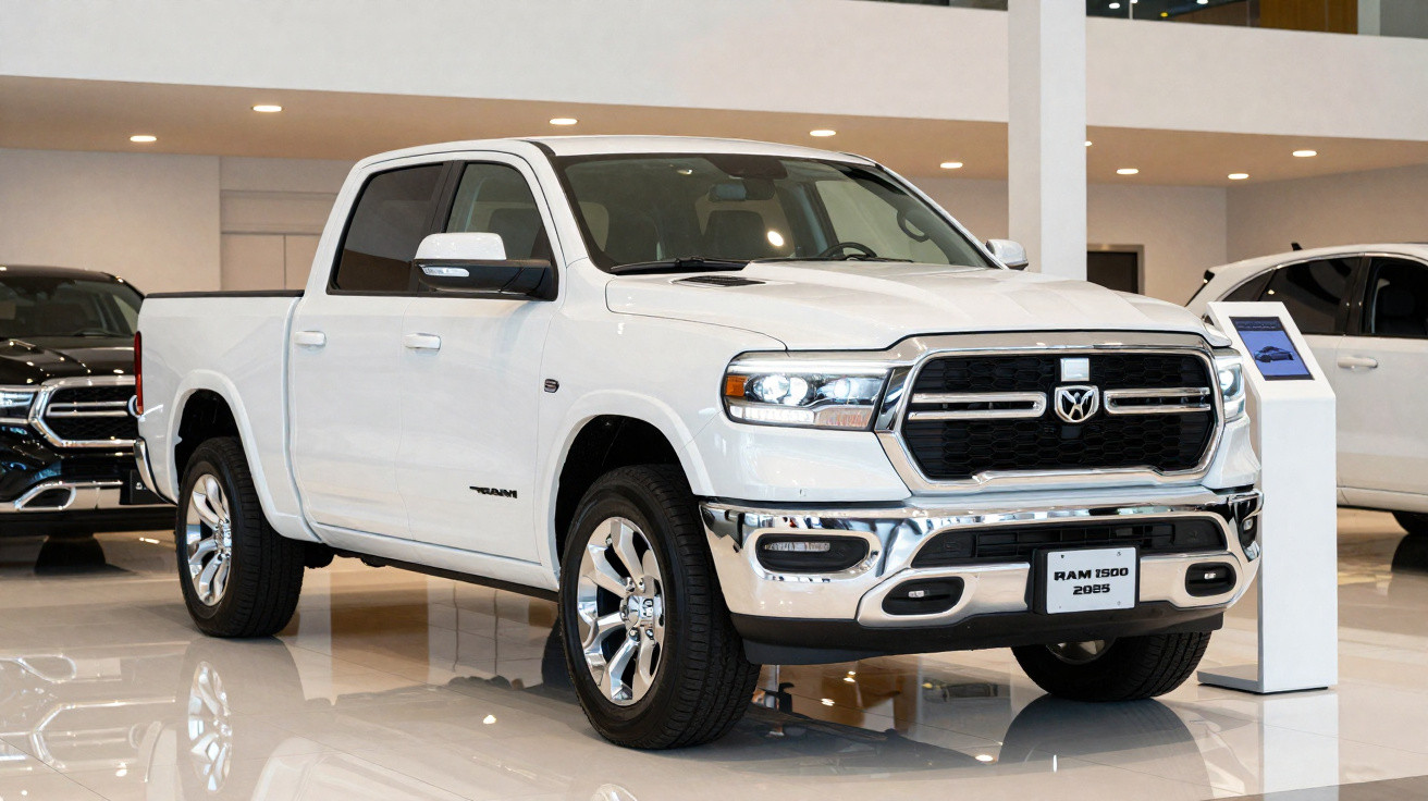 Picape branca Dodge Ram 1500 2025 em exposição em showroom moderno e iluminado.