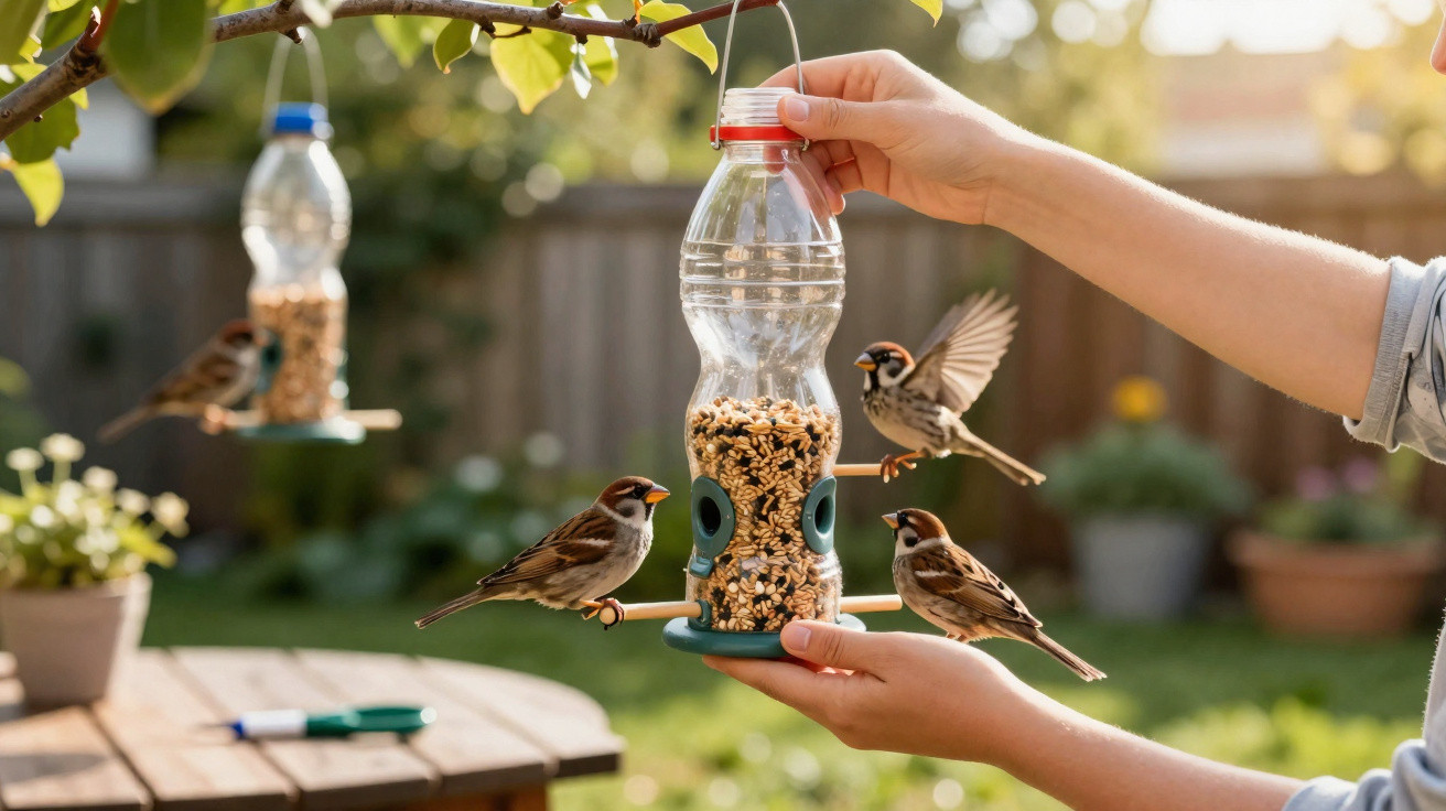 Mãos seguram alimentador de pássaros com sementes, três pardais pousados e um voando em jardim ensolarado.