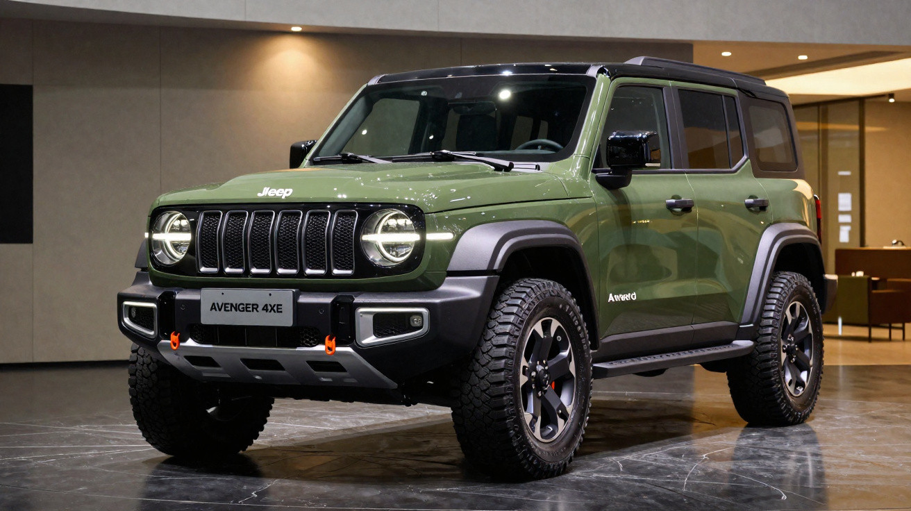 Jeep Avenger 4XE verde com detalhes pretos, exibido em ambiente interno bem iluminado.